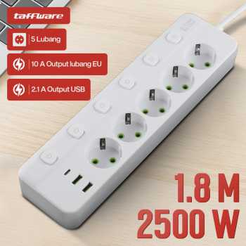 Taffware Stop Kontak 5 Lubang USB Type C EU Plug 10A 110-250V 2500W - QL-1098U