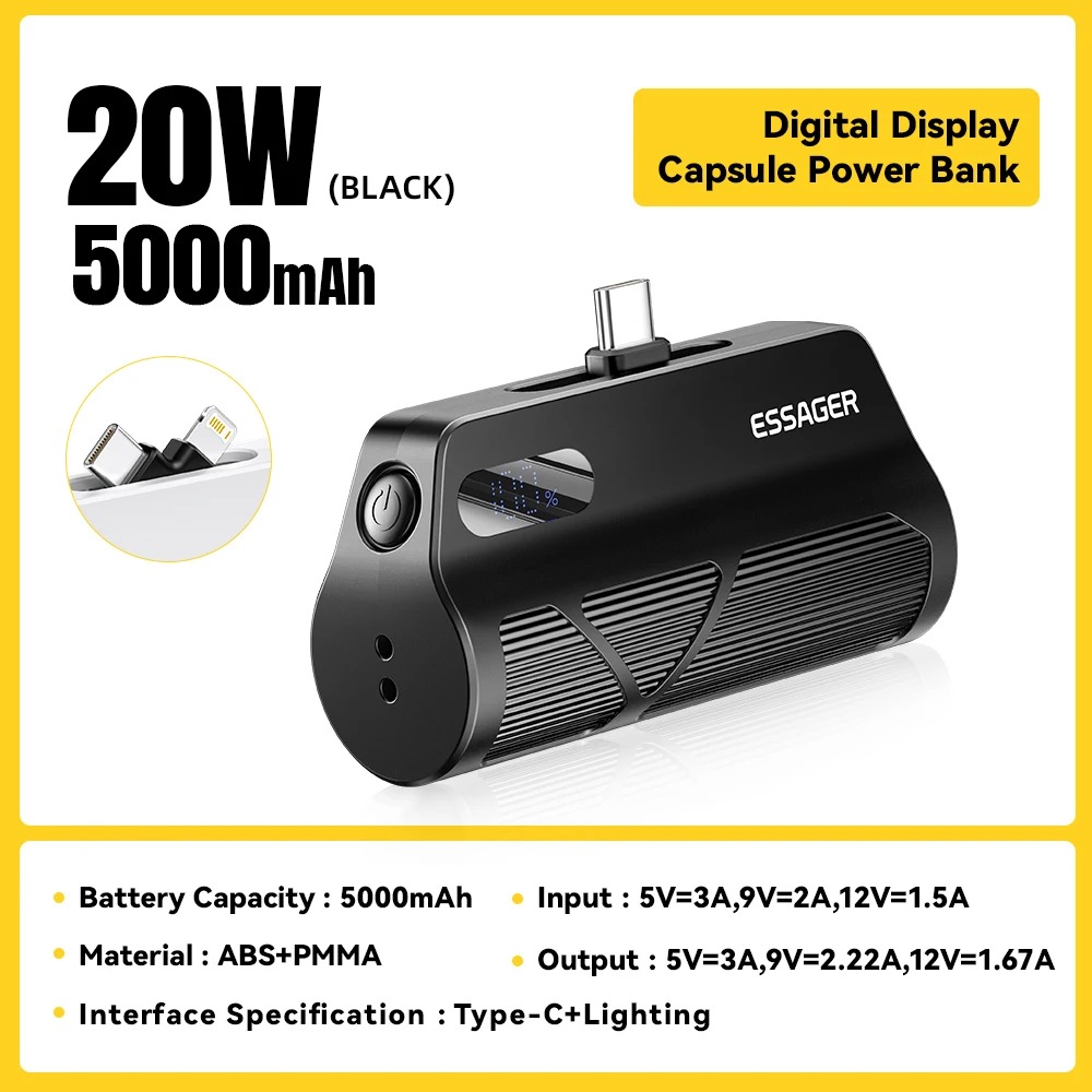 Gambar produk ESSAGER Power Bank Kapsul Mini 2in1 Type C Lightning PD 20W 5000mAh - QH-185
