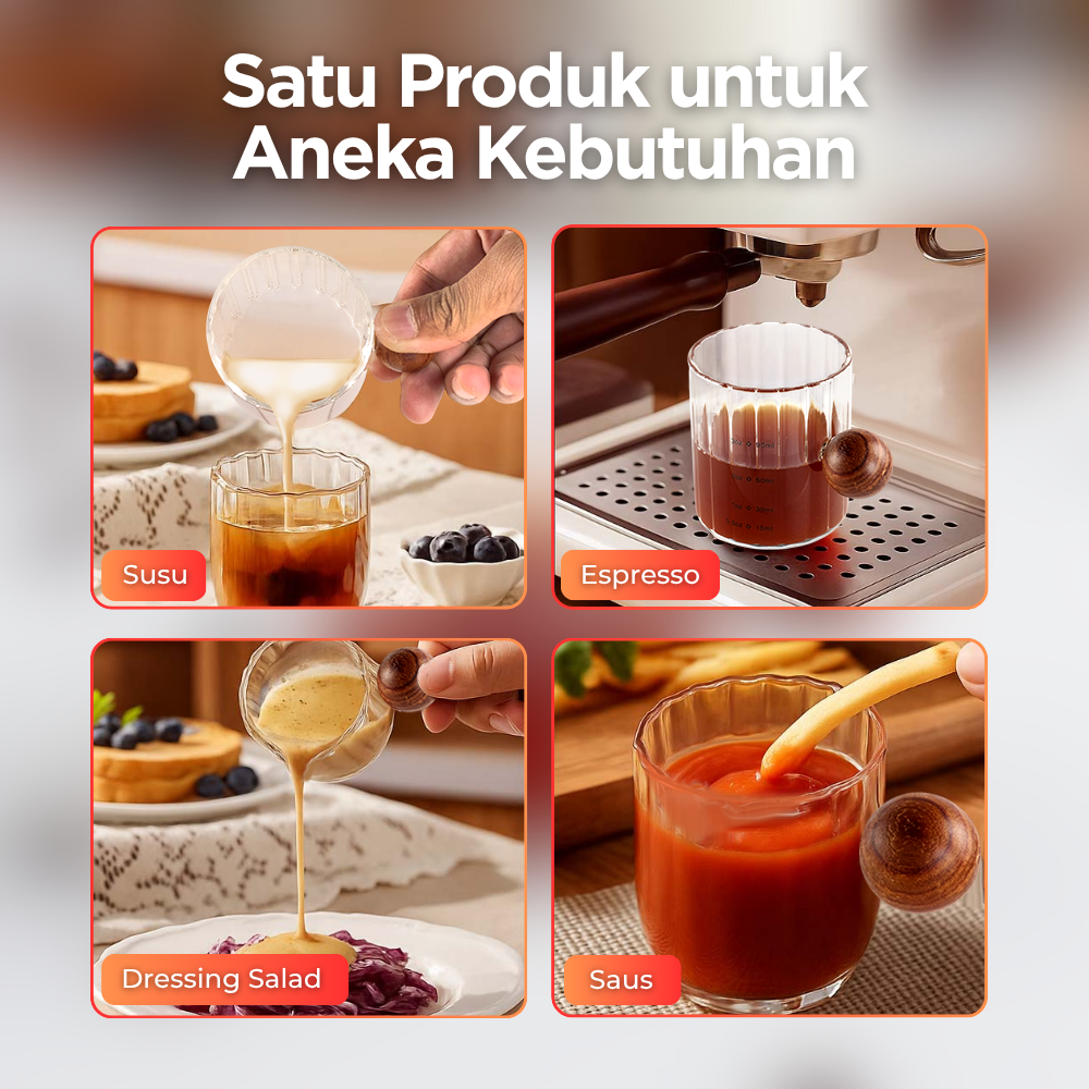 Gambar produk KESOTO Gelas Takar Kopi Espresso Shot Measuring Cup Wooden Handle 90ml - KS09