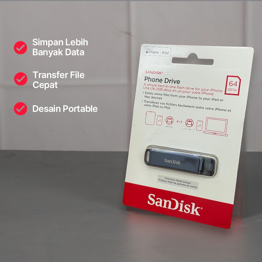 Gambar produk SanDisk Phone Drive USB Type-C Lightning 90MB/s 64GB - SDIXD0N