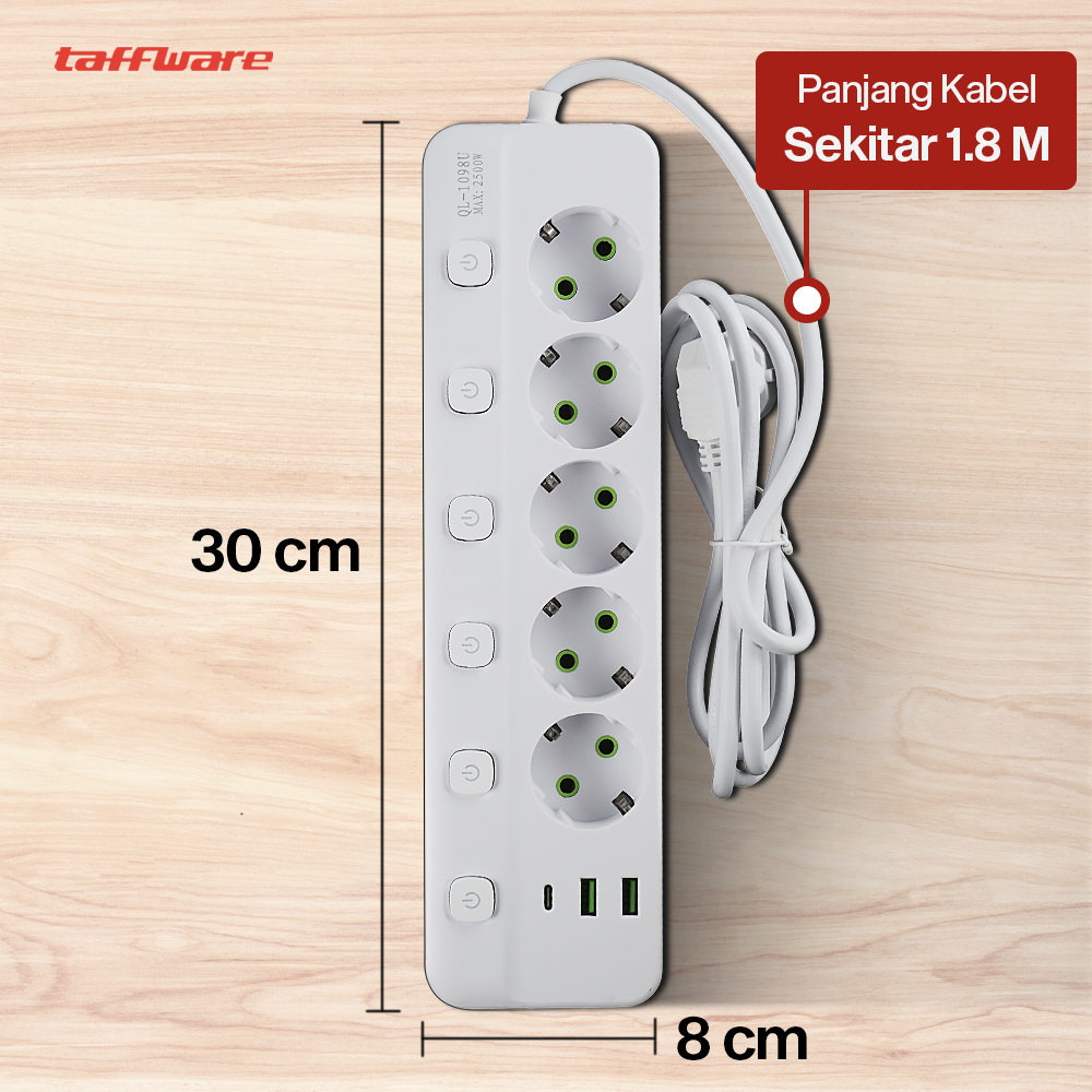 Gambar produk Taffware Stop Kontak 5 Lubang USB Type C EU Plug 10A 110-250V 2500W - QL-1098U