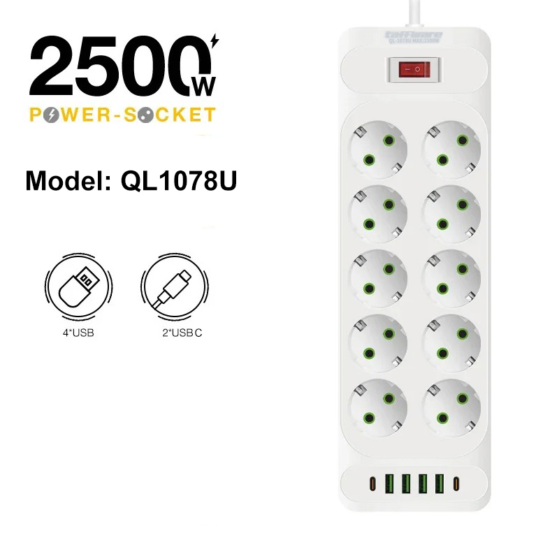 Gambar produk Taffware Stop Kontak USB Type C EU Plug 10A 110-250V 2500W 10 Lubang - QL-1077U / QL-1078U
