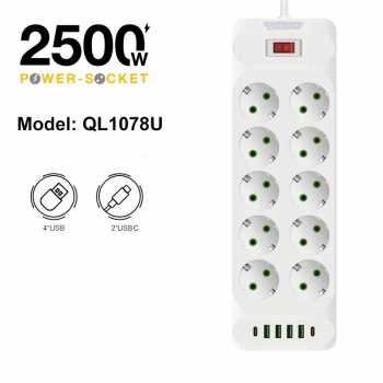 Taffware Stop Kontak USB Type C EU Plug 10A 110-250V 2500W - QL-1077U / QL-1078U