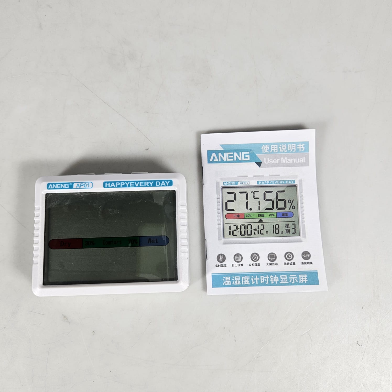 Gambar produk ANENG Termometer Pengukur Suhu Kelembapan Ruangan Hygrometer Clock - AP01