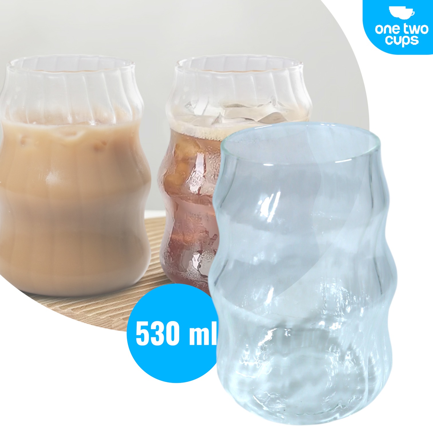 Gambar produk One Two Cups Gelas Kaca Aesthetic Kopi Teh Wave Stripe Shape 530ml - GK24