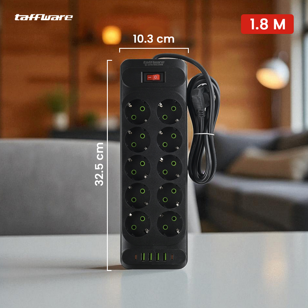 Gambar produk Taffware Stop Kontak USB Type C EU Plug 10A 110-250V 2500W 10 Lubang - QL-1077U / QL-1078U