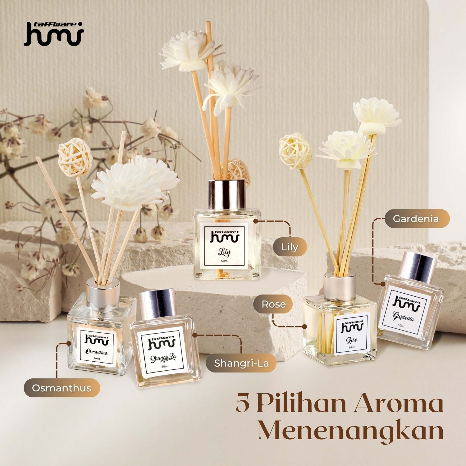 Gambar produk Taffware HUMI Pengharum Ruangan Reed Diffuser with Rattan Sticks 50ml Gardenia - DF-099