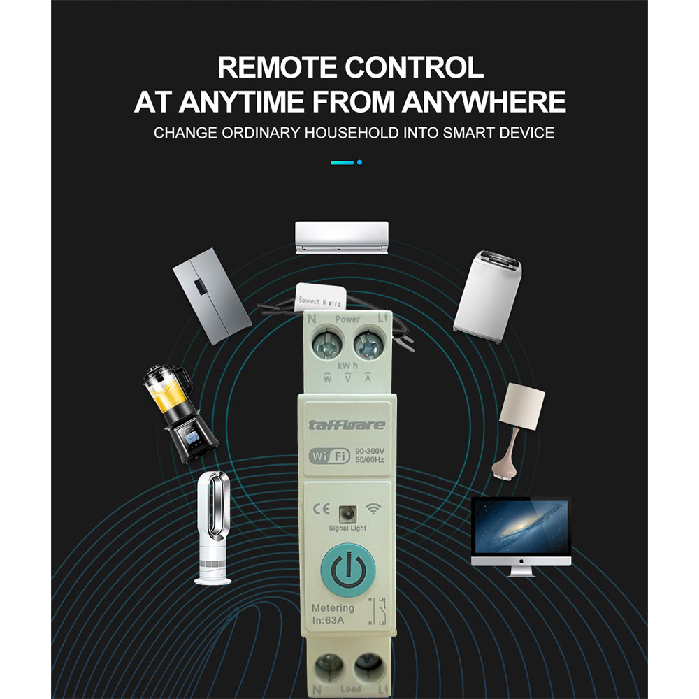 Gambar produk Taffware Din Rail 1P WiFi Circuit Breaker Smart TUYA kWh Meter Timer - 1P-J-63