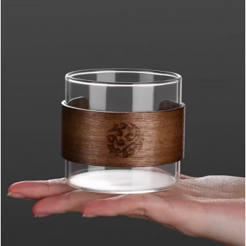 LIONS Gelas Teh Kopi Glass Tea Cup Borosilicate With Wooden Ring 200ml - LU2