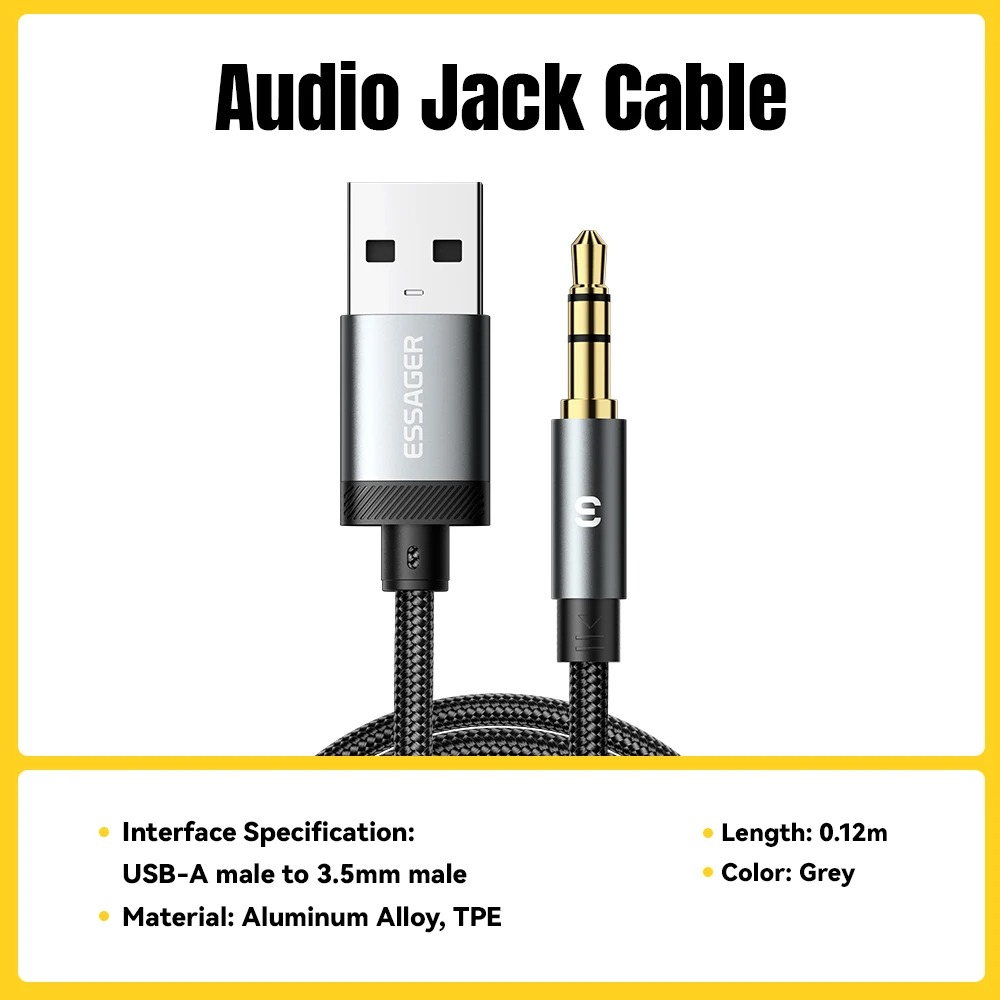 Gambar produk ESSAGER Kabel AUX 3.5mm Audio HiFi Premium Chip Braided 1M USB A - ES-YP22