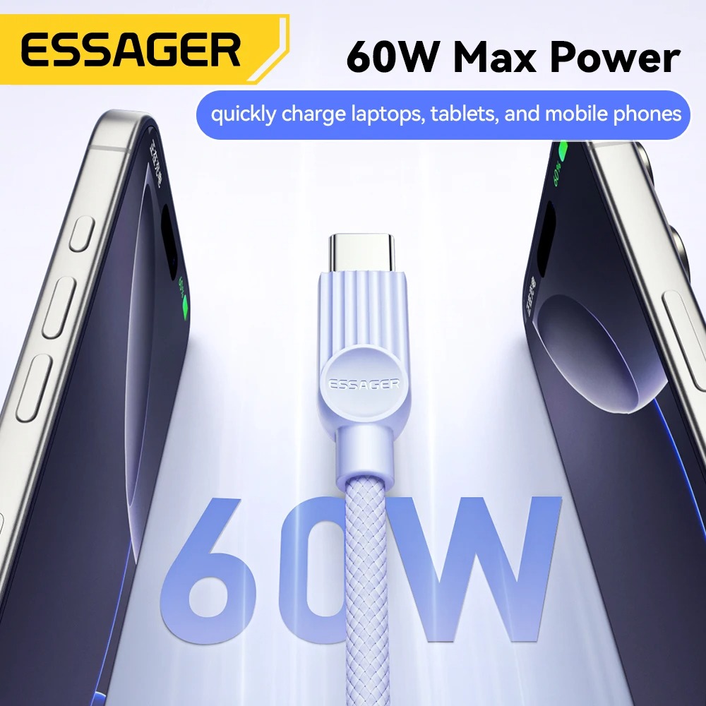 Gambar produk ESSAGER Kabel Data Type C to Type C PD Fast Charging Braided 3A 60W 1M - ES-X73