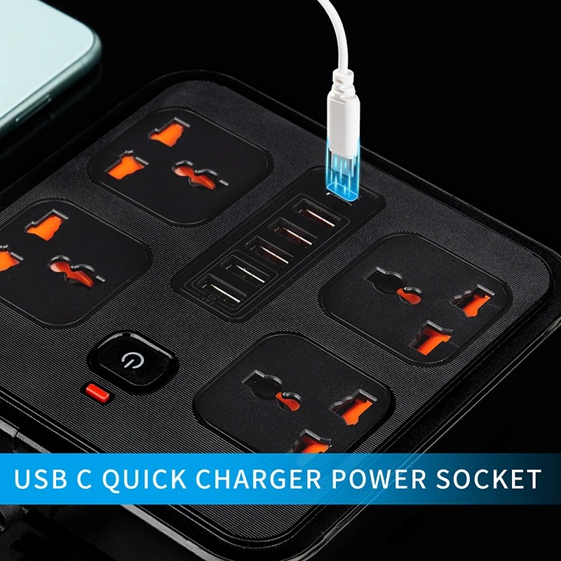 Gambar produk AMJ Stop Kontak 4 Lubang Universal USB EU Plug 10A 250V 3000W 2M - BKL-666