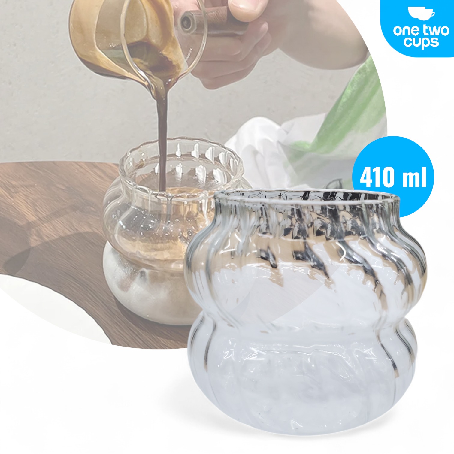 Gambar produk One Two Cups Gelas Kaca Aesthetic Kopi Teh Wave Stripe Shape 410ml - GK24