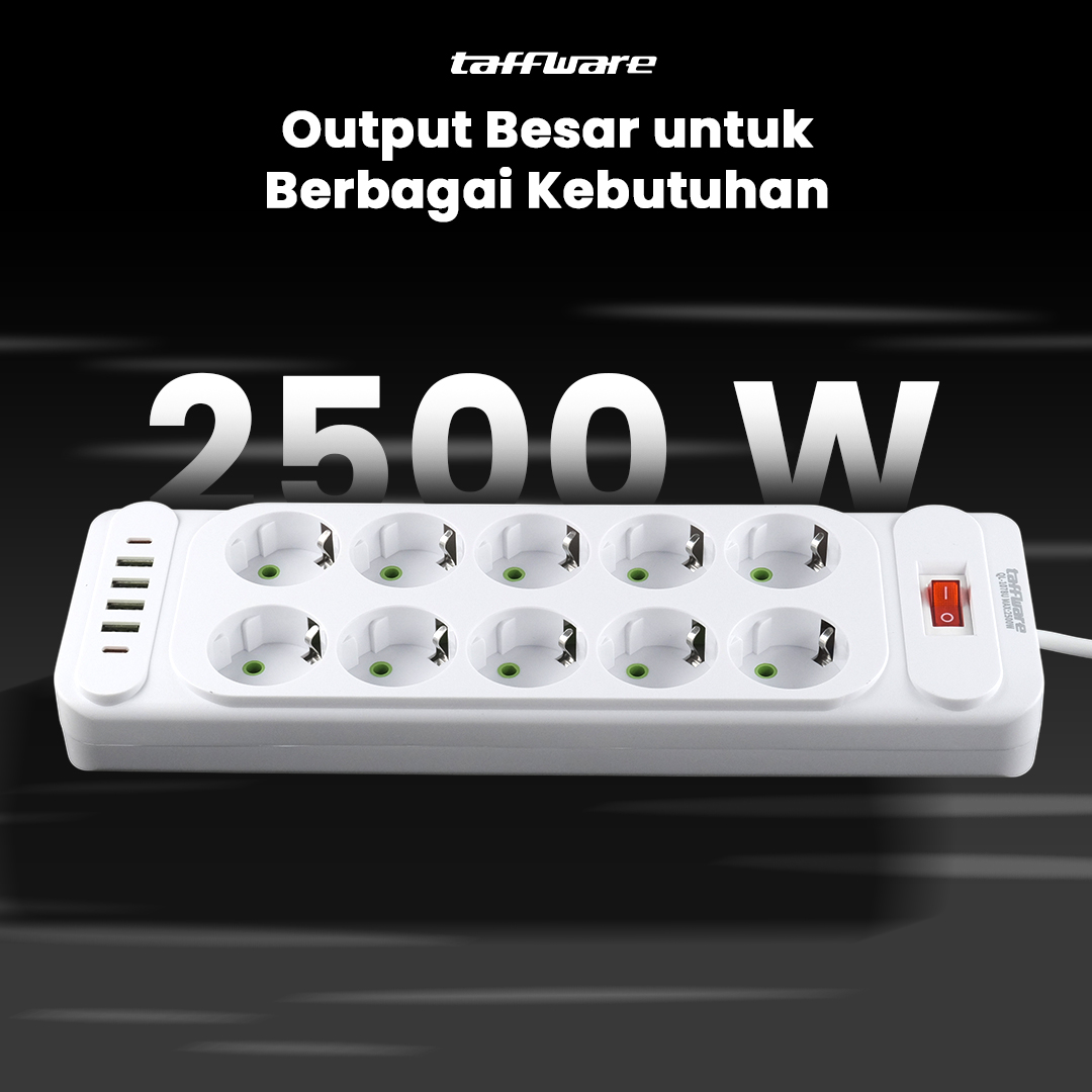 Gambar produk Taffware Stop Kontak USB Type C EU Plug 10A 110-250V 2500W 10 Lubang - QL-1077U / QL-1078U
