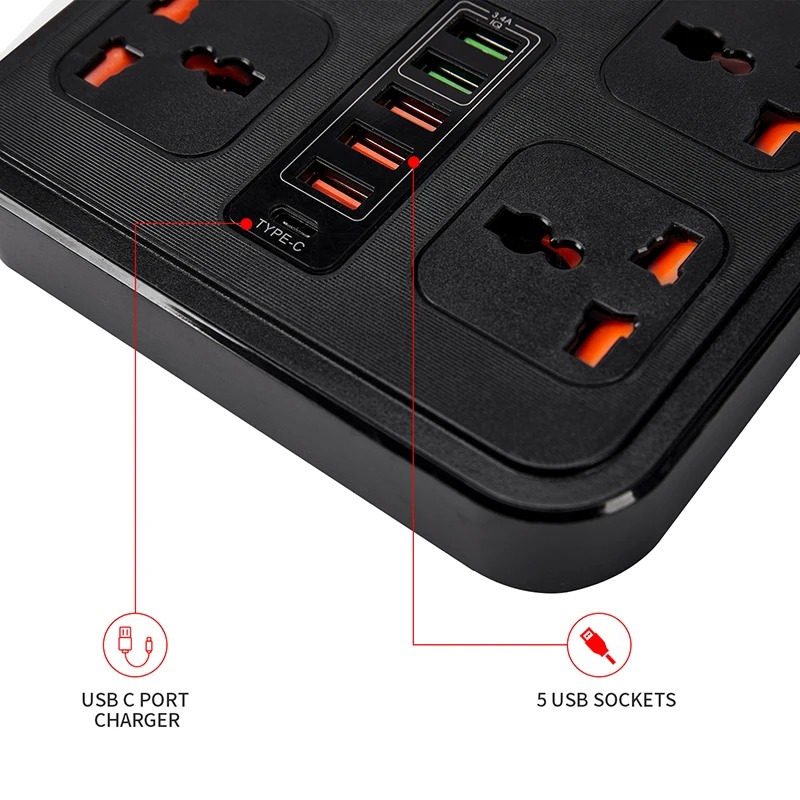 Gambar produk AMJ Stop Kontak 4 Lubang Universal USB EU Plug 10A 250V 3000W 2M - BKL-666