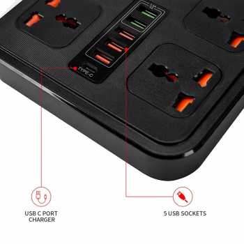 Gambar produk AMJ Stop Kontak 4 Lubang Universal USB EU Plug 10A 250V 3000W 2M - BKL-666