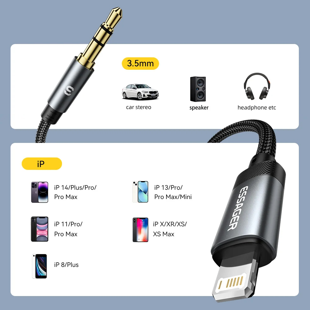 Gambar produk ESSAGER Kabel AUX 3.5mm Audio HiFi Premium Chip Braided 1M Lightning - ES-YP22