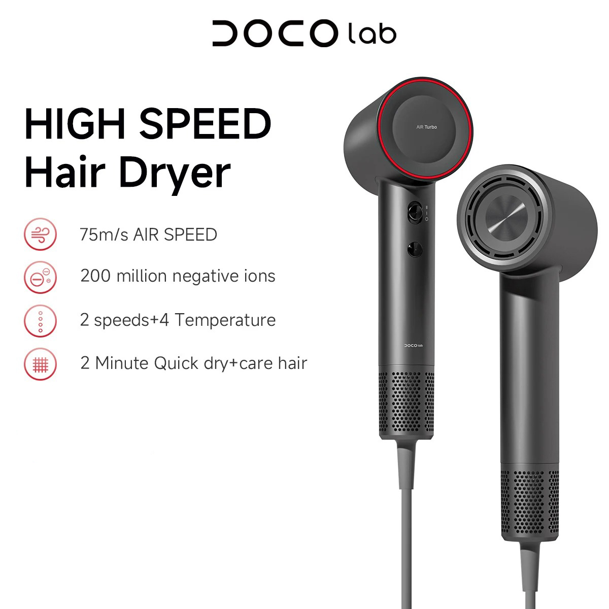 Gambar produk DOCO Hair Dryer Quick Dry Hot and Cold Compact Size Anion 1600W - H800