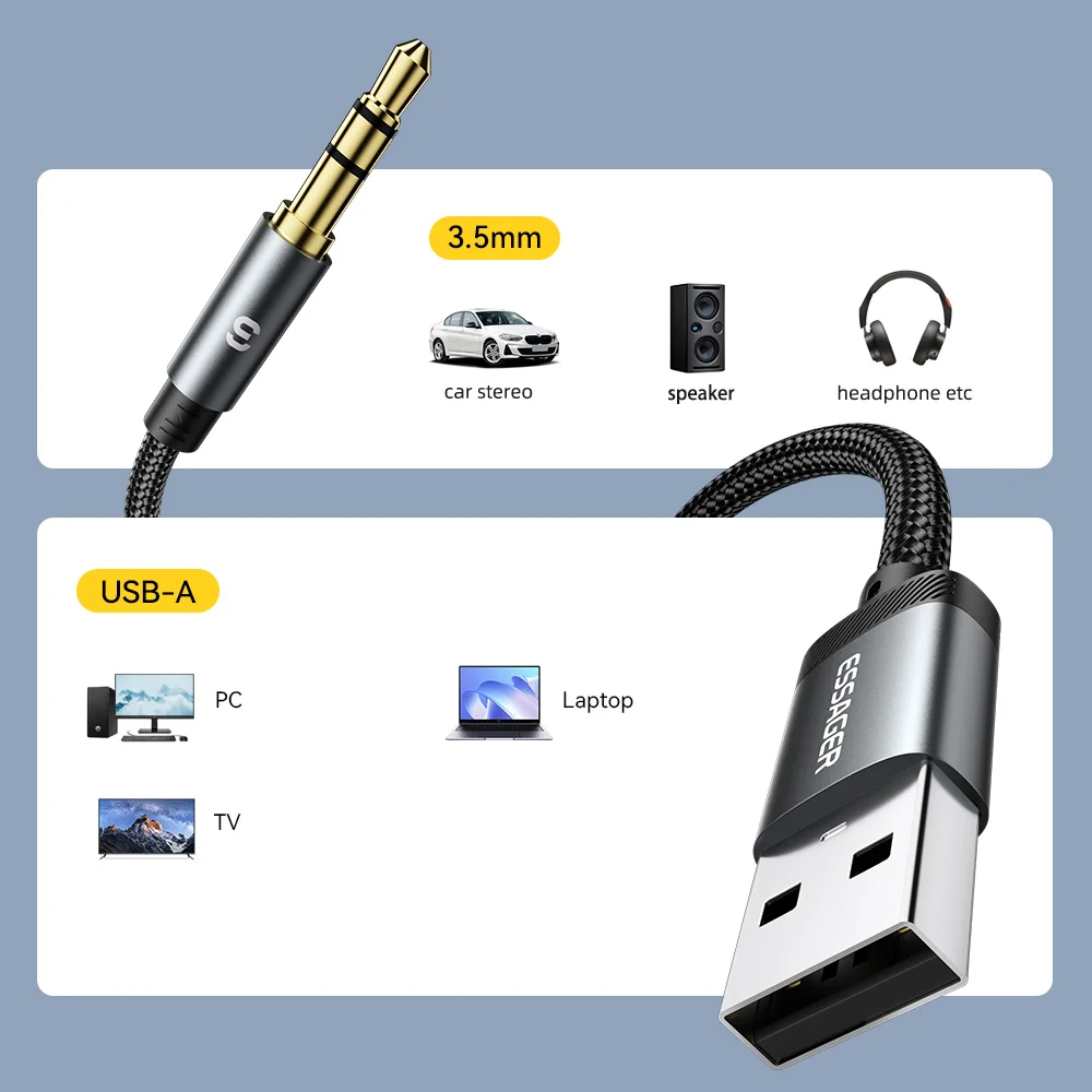 Gambar produk ESSAGER Kabel AUX 3.5mm Audio HiFi Premium Chip Braided 1M USB A - ES-YP22