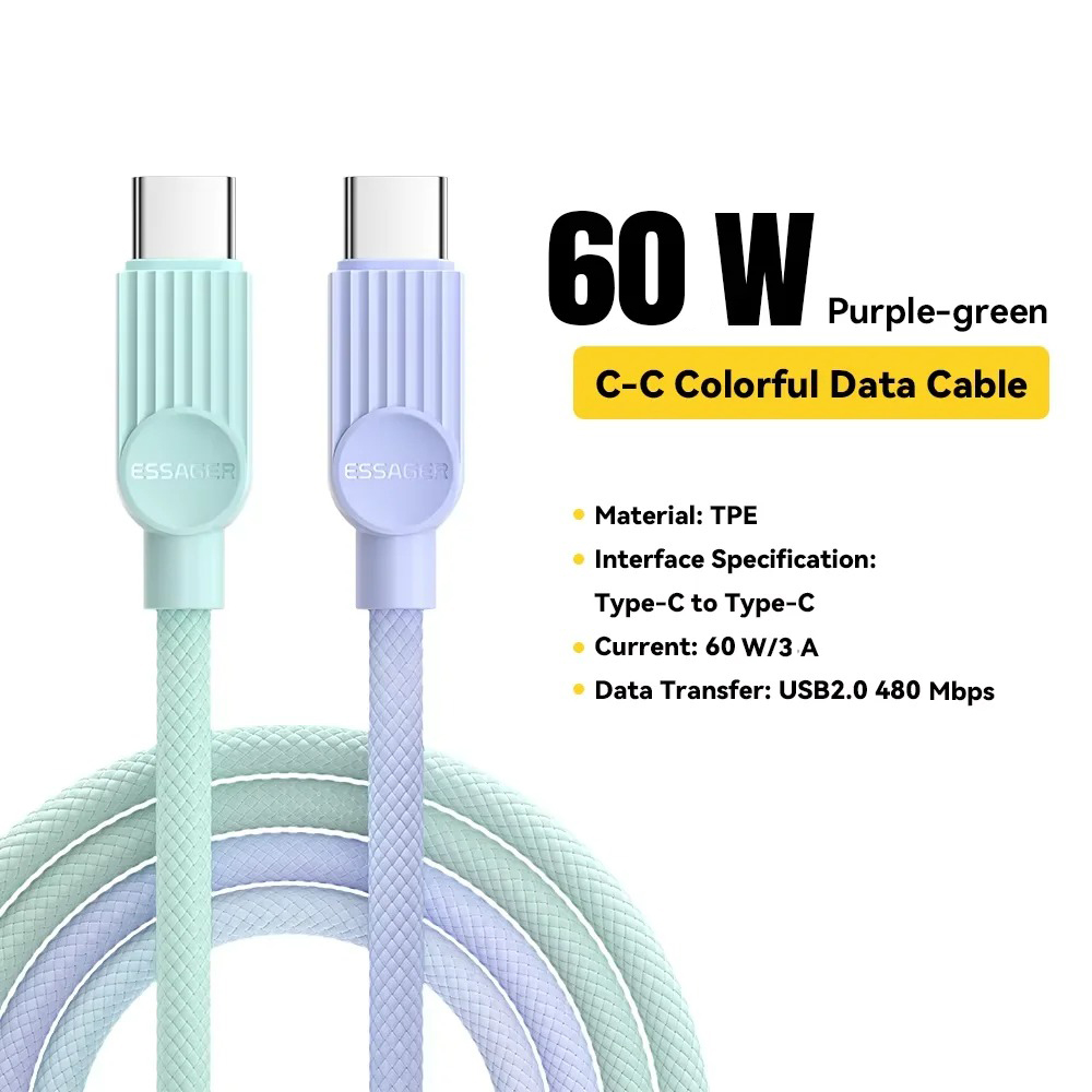 Gambar produk ESSAGER Kabel Data Type C to Type C PD Fast Charging Braided 3A 60W 1M - ES-X73