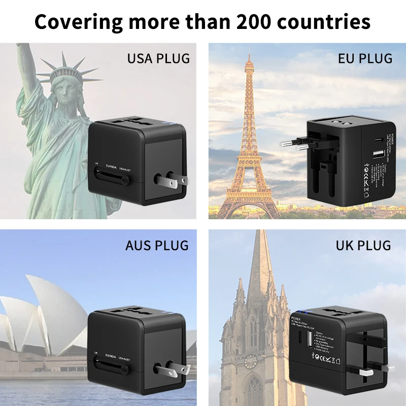 Gambar produk COKYI Travel Adaptor Universal Plug EU UK US/AUST 2.1A USB A USB C - 148-30W-1U1C