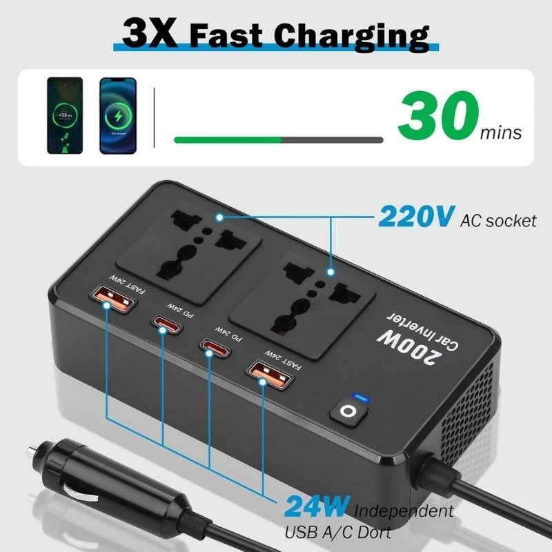 Gambar produk FMA Car Power Inverter 12V/24V to 110V/220V 200W 4 USB Port - FM-4PS