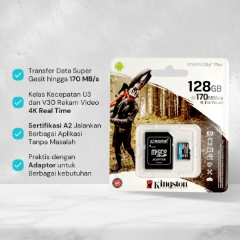 Gambar produk Kingston MicroSD Card Canvas Go Plus C10 V30 UHS-I U3 A2 170MB/s 128GB - SDCG3