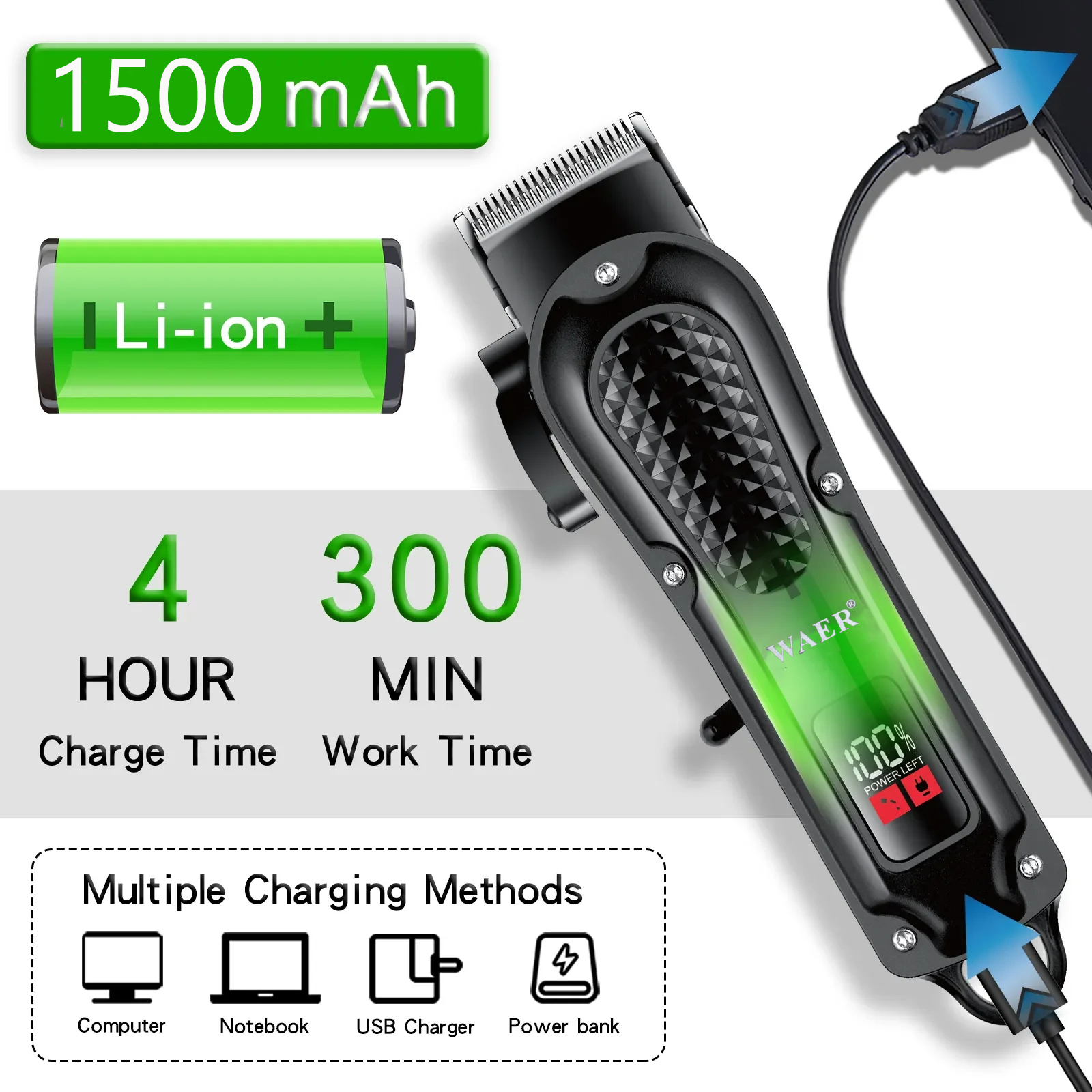 Gambar produk WAER Alat Cukur Rambut Elektrik Hair Clipper Trimmer LCD 1500mAh - WA-2922