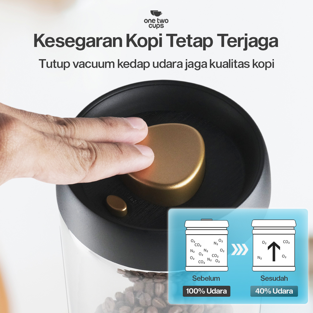 Gambar produk One Two Cups Toples Kaca Penyimpanan Biji Kopi Vacuum Sealed Lid 900ml - SE41