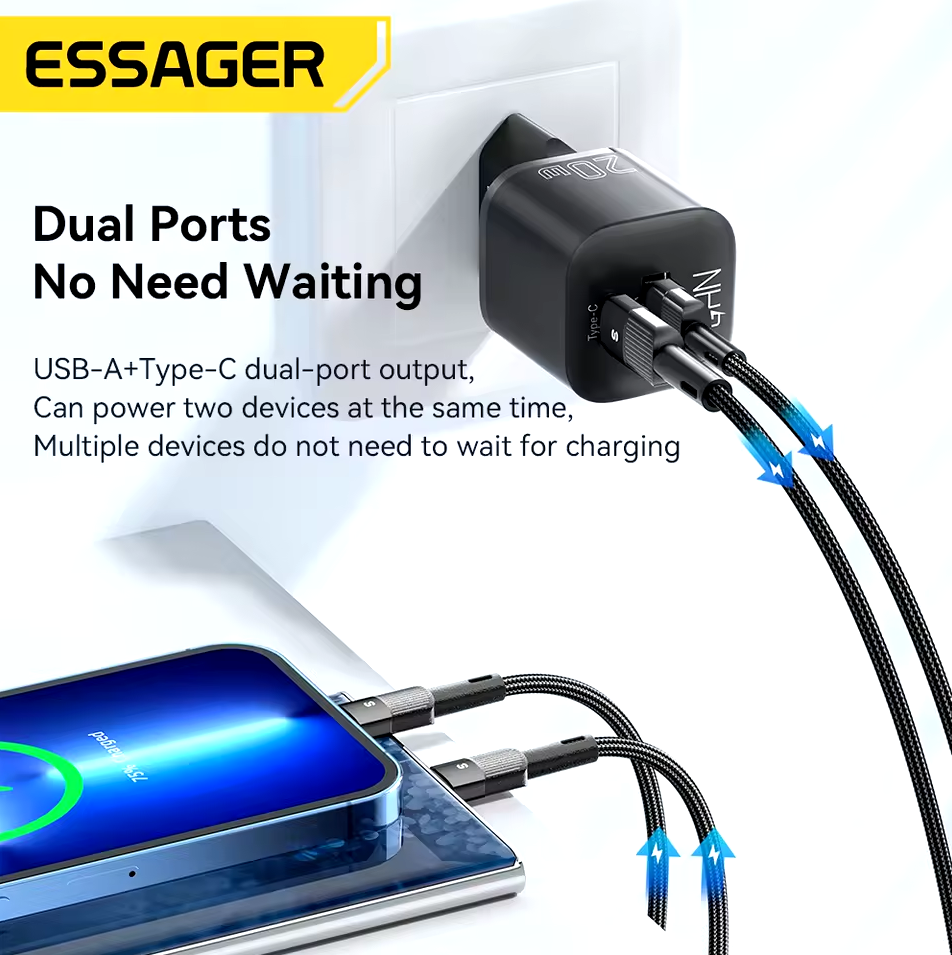 Gambar produk ESSAGER Kepala Charger Dual Port GaN Fast Charging PD USB Type C 20W - HMA01