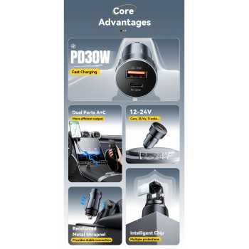 Gambar produk Essager Car Charger Mobil Fast Charging PD QC 3.0 2 Port 30W 12-24V - ECCPQ-SH03-P