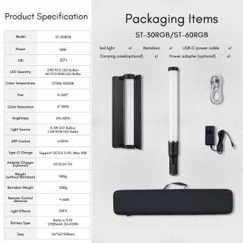Gambar produk Tolifo Lampu LED RGBWW Studio Fill Light Stick 2700-10000K 2200mAh 30W - ST-30RGB