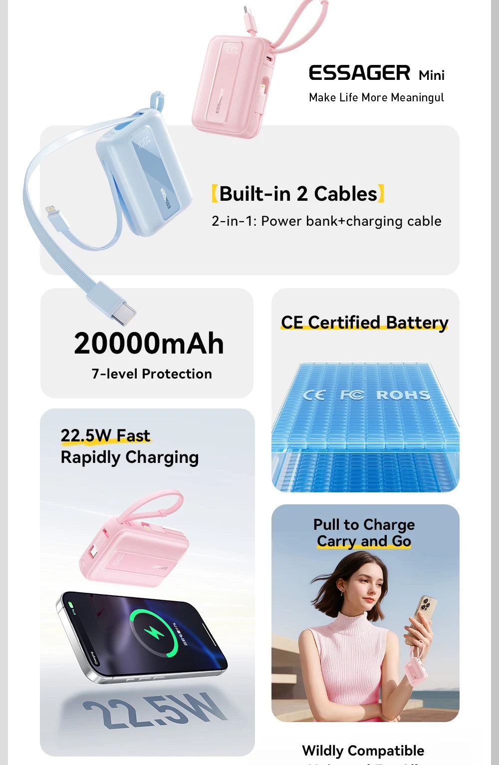 Gambar produk Essager Power Bank Digital Display USB C Builtin Cable 22.5W 20000mAh - ES-D024