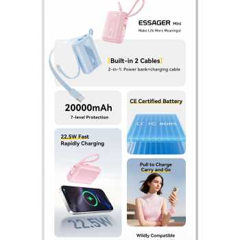 Gambar produk Essager Power Bank Digital Display USB C Builtin Cable 22.5W 20000mAh - ES-D024