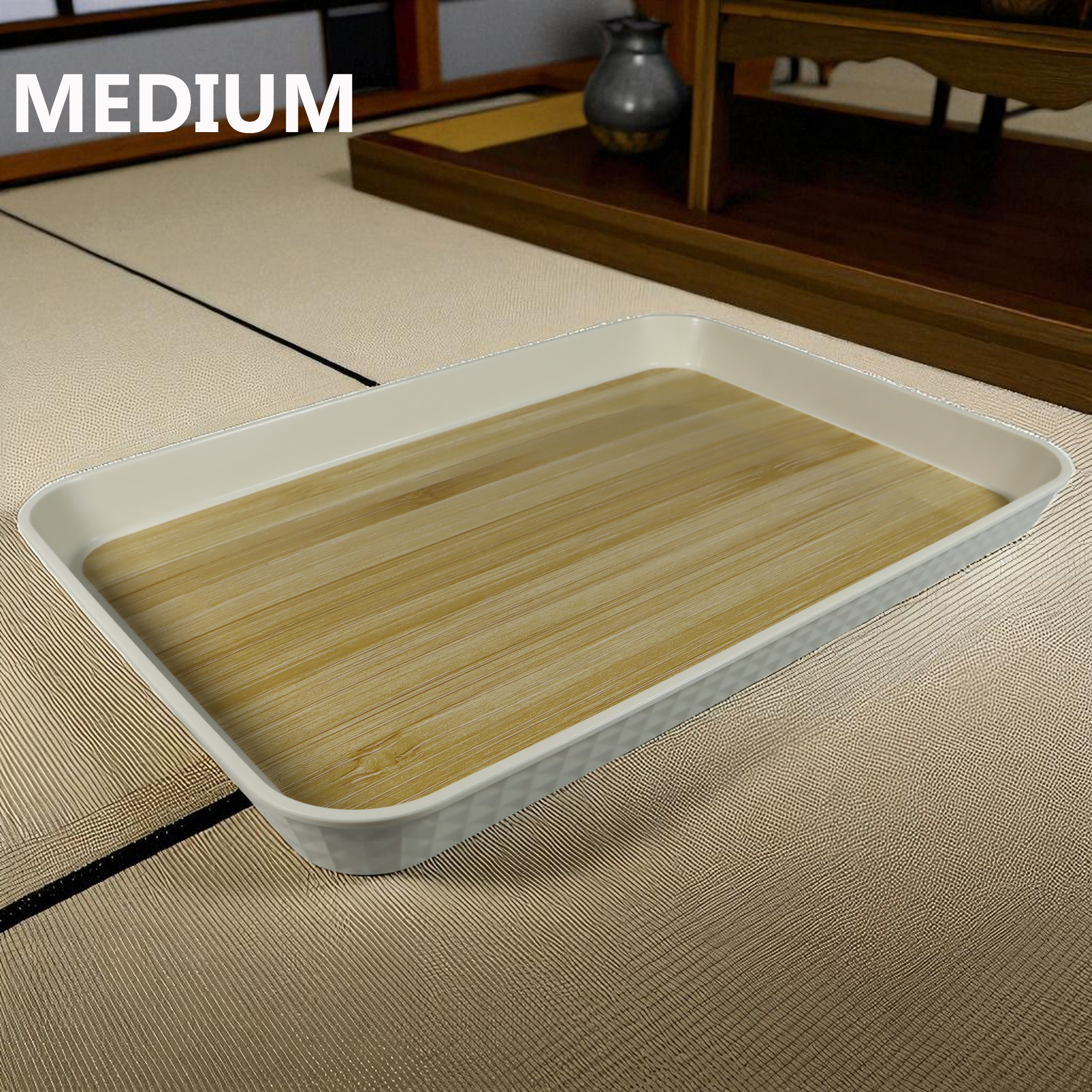 Gambar produk BANDEJA Tea Tray Japanese Wood Style Nampan Plastik Tatakan Gelas Teh M 31.5x21.8x2.4cm - BD027