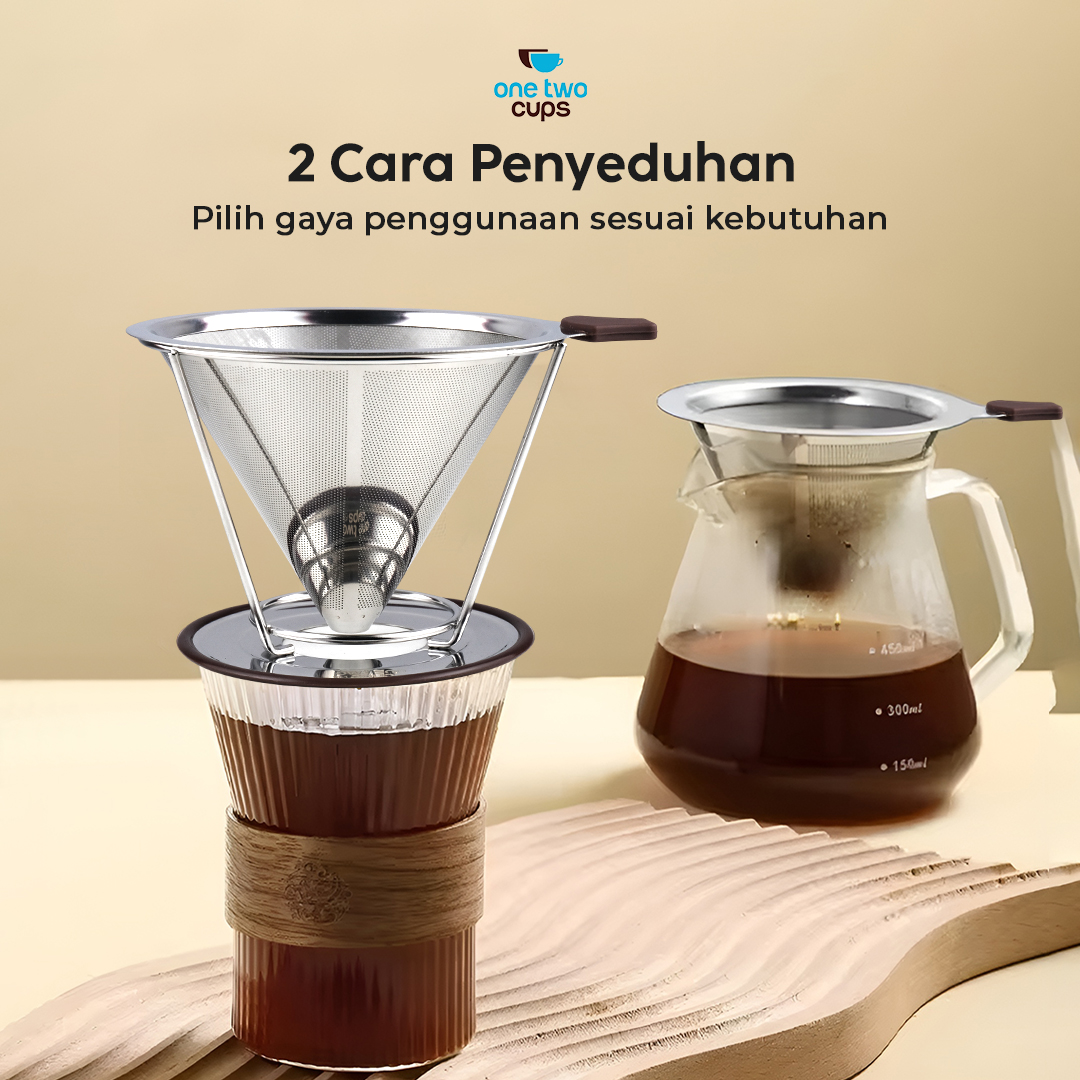 One Two Cups Saringan Kopi Stainless Steel 304 Filter V60 Large - F-412 Gambar produk One Two Cups Saringan Kopi Stainless Steel 304 Filter V60 Large - F-412