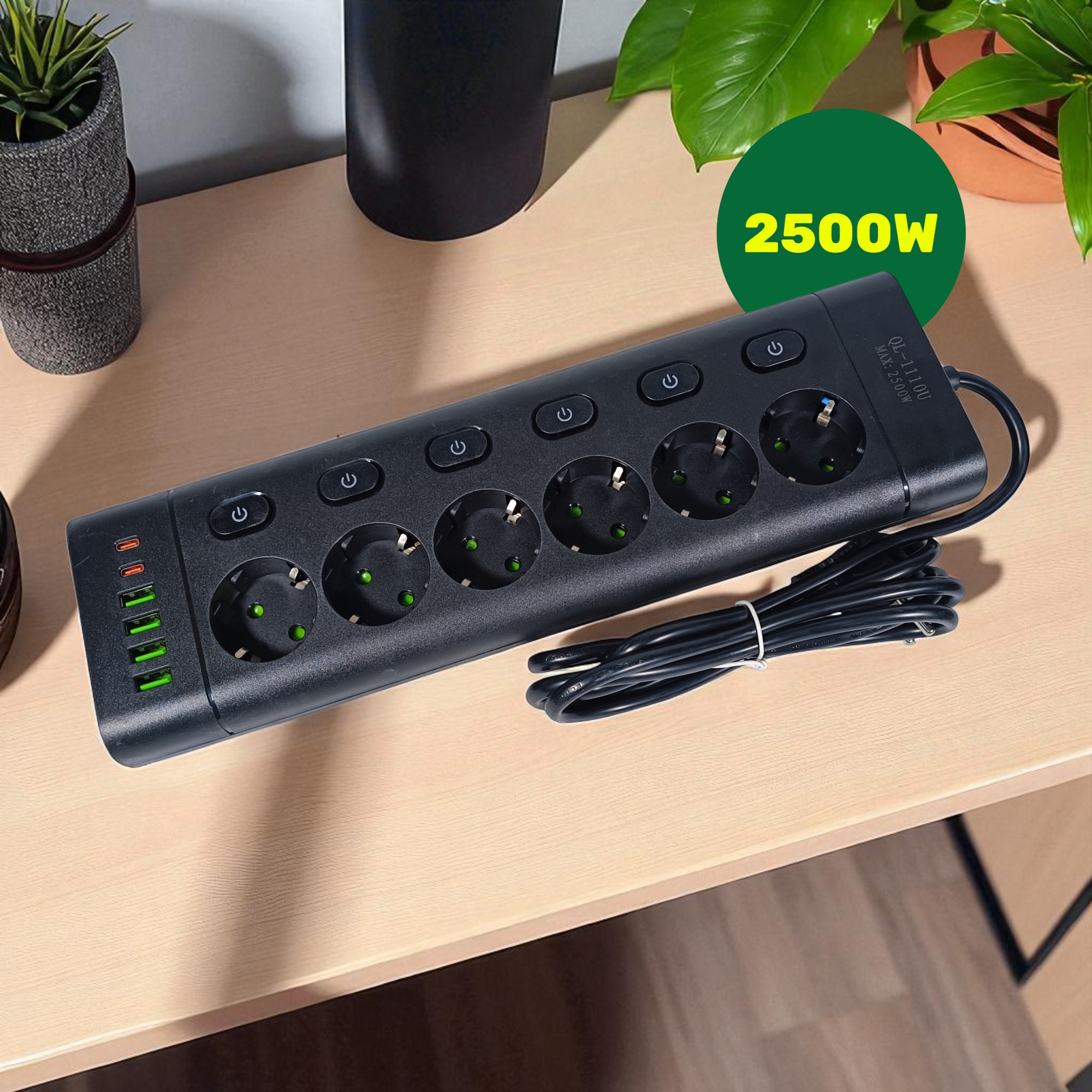 Gambar produk QIAOLIAN Stop Kontak 6 Lubang USB Type C EU Plug 10A 110-250V 2500W - QL-1110U