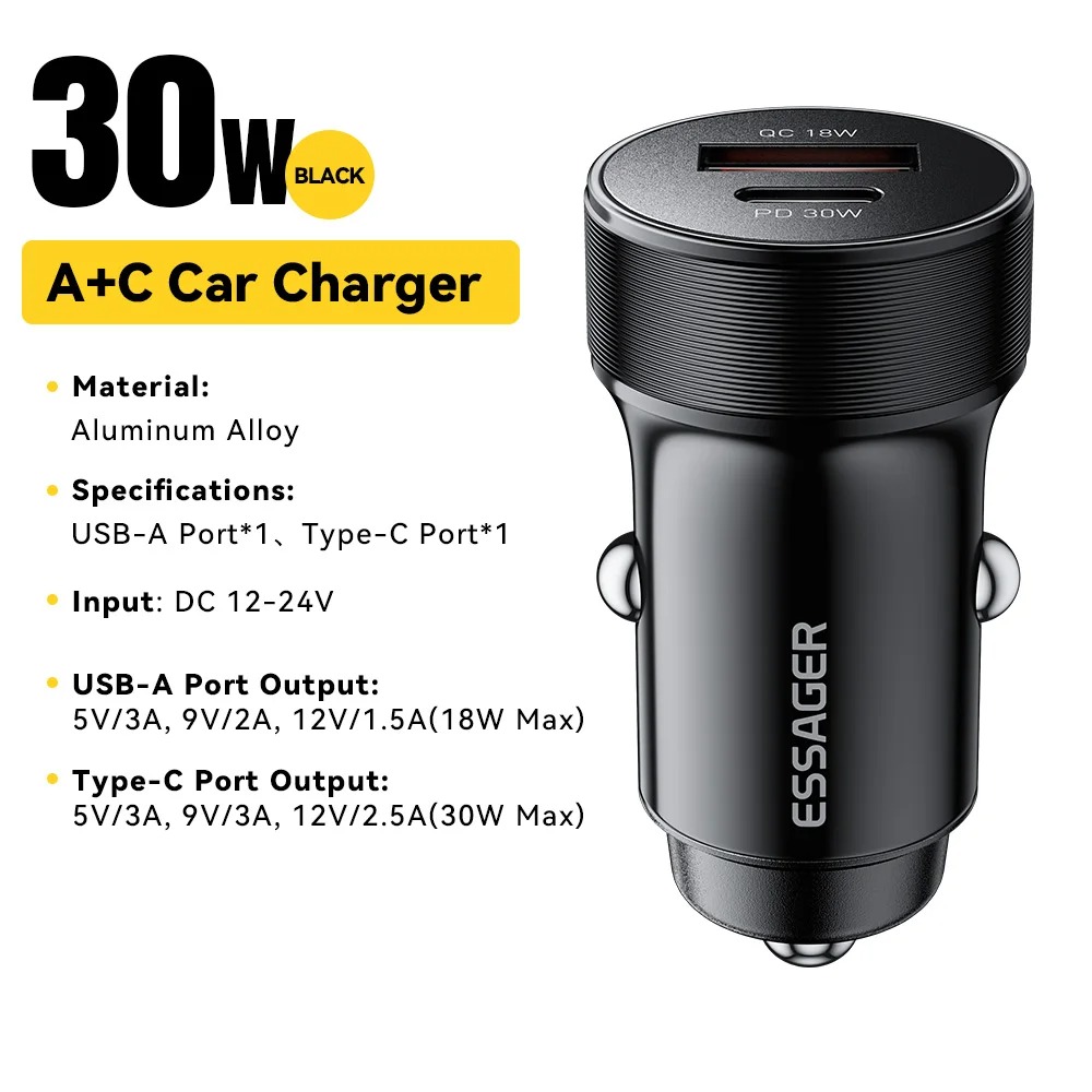 Gambar produk Essager Car Charger Mobil Fast Charging PD QC 3.0 2 Port 30W 12-24V - ECCPQ-SH03-P