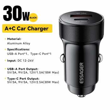 Gambar produk Essager Car Charger Mobil Fast Charging PD QC 3.0 2 Port 30W 12-24V - ECCPQ-SH03-P