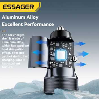 Gambar produk Essager Car Charger Mobil Fast Charging PD QC 3.0 2 Port 30W 12-24V - ECCPQ-SH03-P