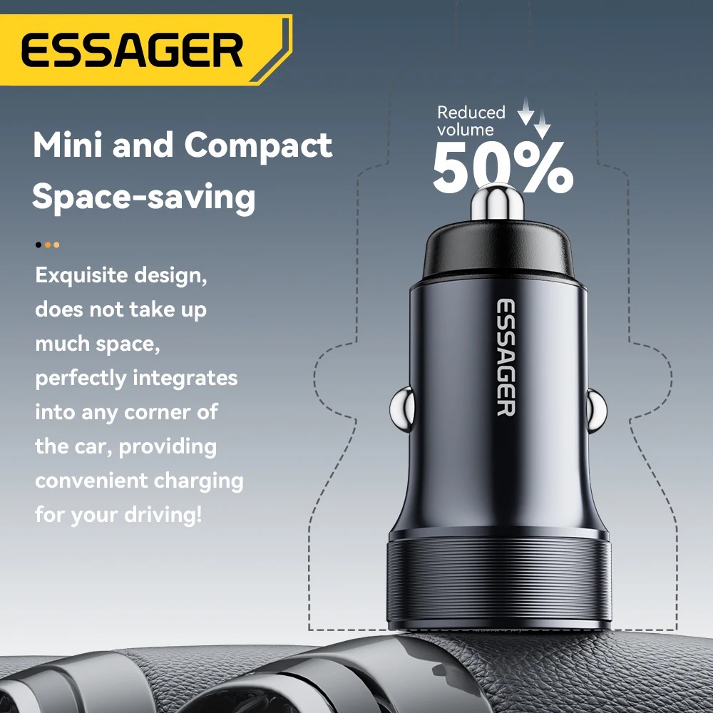 Gambar produk Essager Car Charger Mobil Fast Charging PD QC 3.0 2 Port 30W 12-24V - ECCPQ-SH03-P