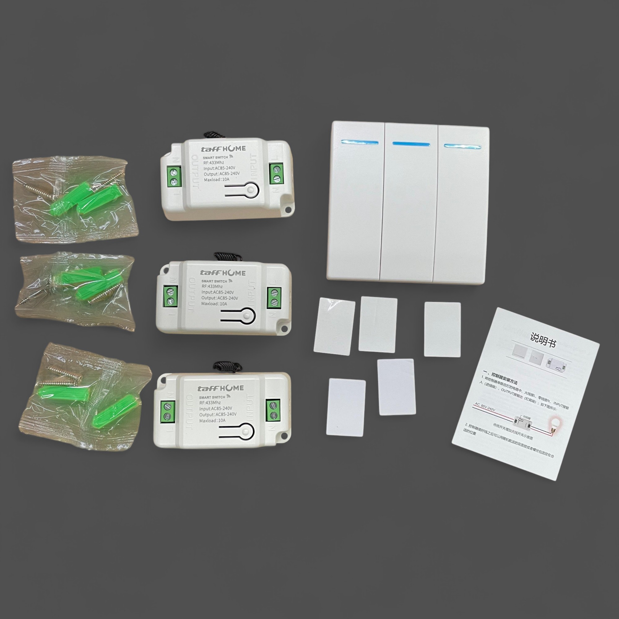 Gambar produk TaffHOME Saklar Lampu Wireless Dinding Tembok Lamp Switch RF 433MHz 3 Gang 3 Receiver - WHK01