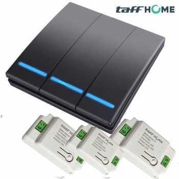 Gambar produk TaffHOME Saklar Lampu Wireless Dinding Tembok Lamp Switch RF 433MHz 3 Gang 3 Receiver - WHK01