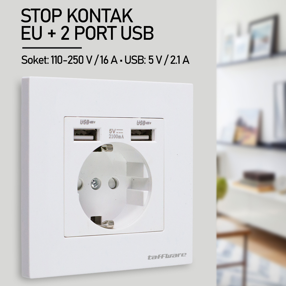 Gambar produk Taffware Stop Kontak EU Colokan Listrik Dinding dan 2 Port USB 2100 mA - WS222