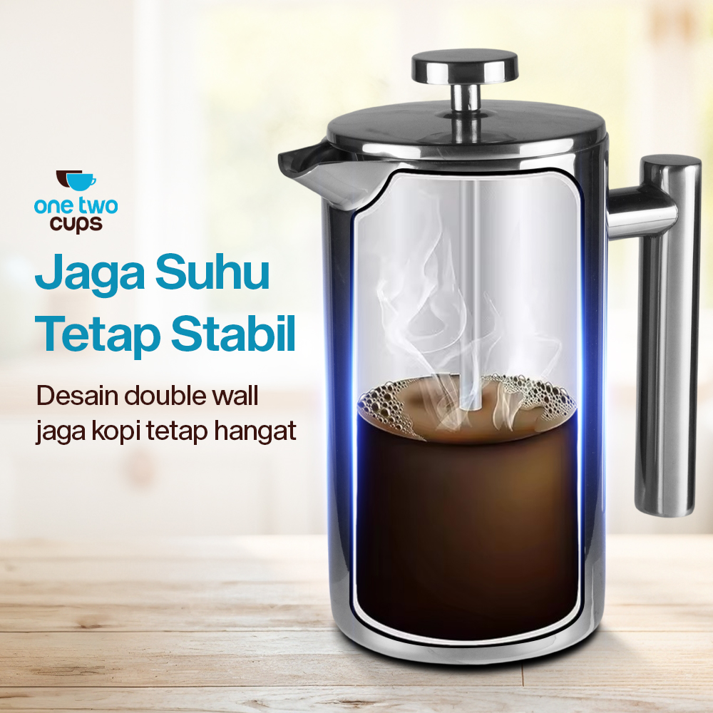 One Two Cups French Press Coffee Maker Pot Plunger Stainless Steel 800ml - FP1L Gambar produk One Two Cups French Press Coffee Maker Pot Plunger Stainless Steel 800ml - FP1L
