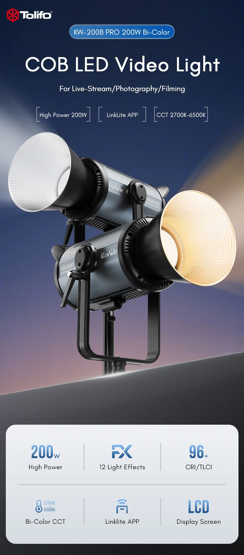 Gambar produk Tolifo Lampu Video LED Bi-Color COB Video Light 200W 6500K - KW-200B PRO