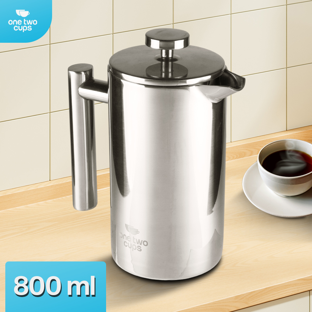 One Two Cups French Press Coffee Maker Pot Plunger Stainless Steel 800ml - FP1L Gambar produk One Two Cups French Press Coffee Maker Pot Plunger Stainless Steel 800ml - FP1L