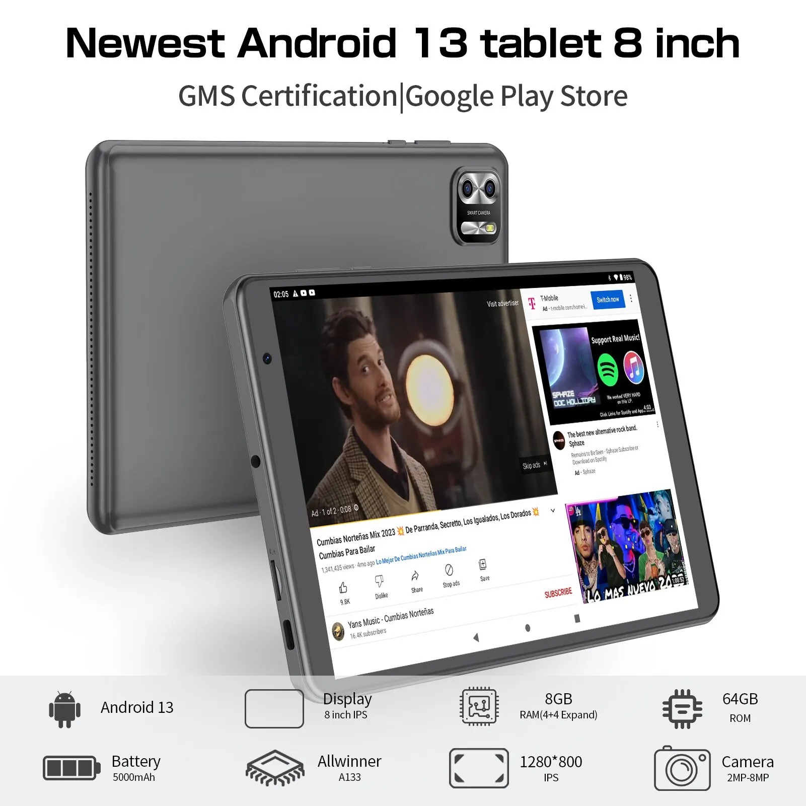Gambar produk PRITOM Tablet Android 13 WiFi 8 Inch IPS 8GB RAM 64GB ROM 5000mAh - B8
