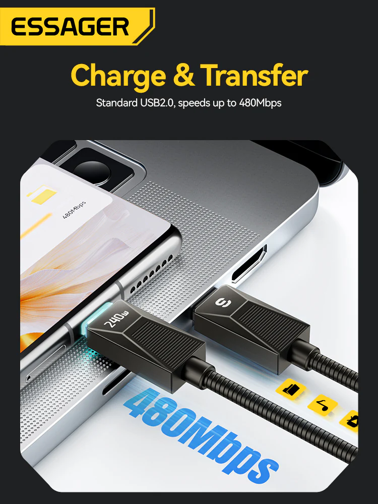 Gambar produk ESSAGER Kabel Data USB Type C Multifungsi Fast Charging 240W 1M - EXCTT3-SB0A-Z