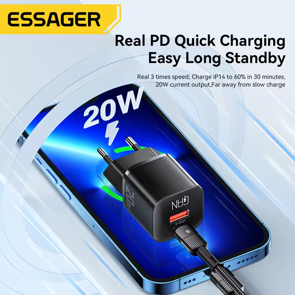Gambar produk ESSAGER Kepala Charger Dual Port GaN Fast Charging PD USB Type C 20W - HMA01